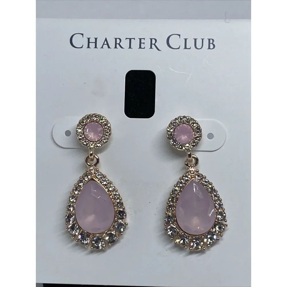 Charter Club Rose Gold-Tone Pavé & Pink Stone Drop Earrings MSRP $24.50 CP807